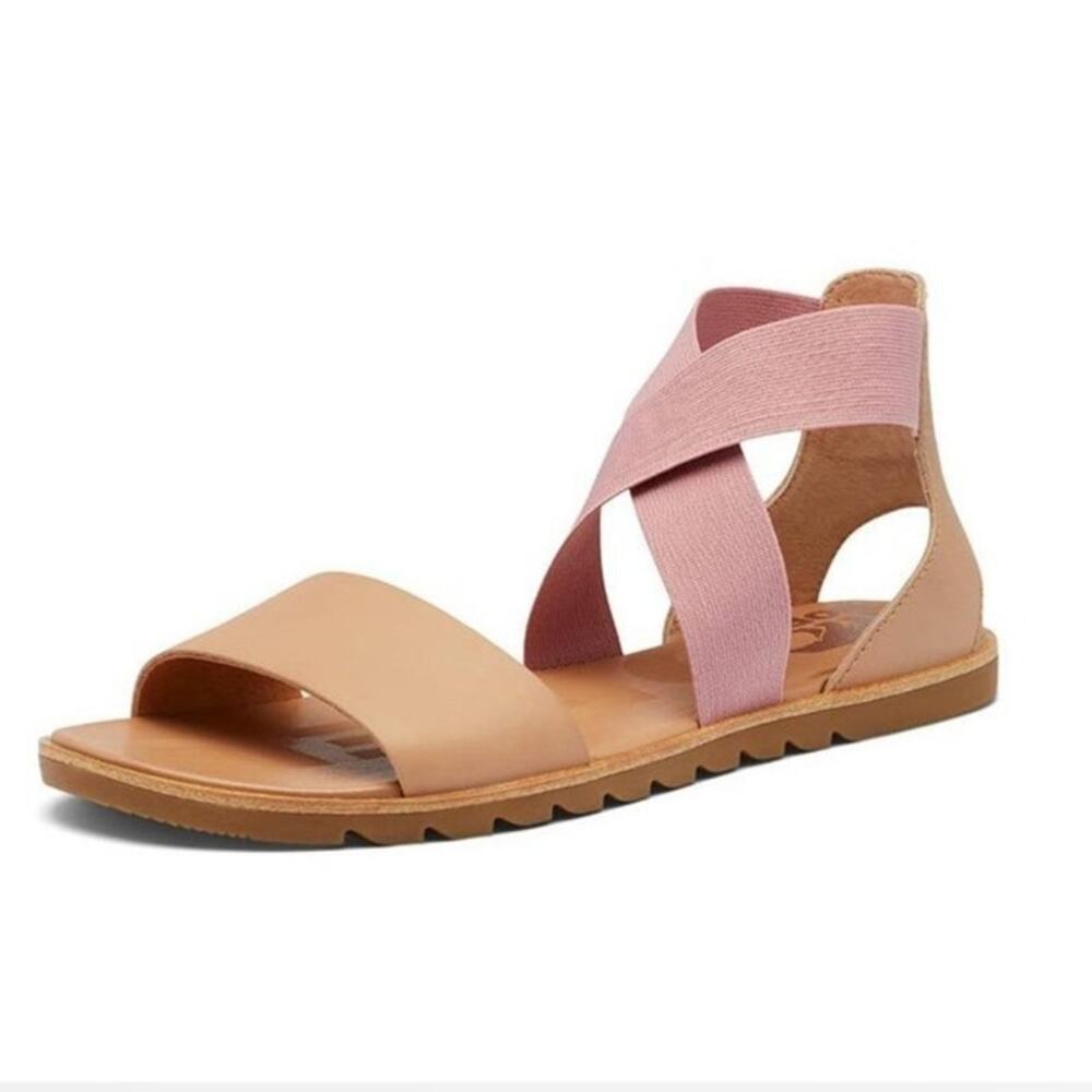 SOREL Ella II Sandals 9 Stretch Criss-Cross Strappy Leather Beige Pink NWOT